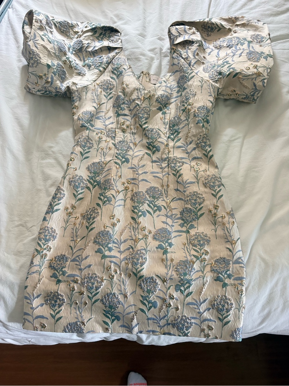 Adelyn Rae Cream Dress with Blue and Green Floral Jacquard